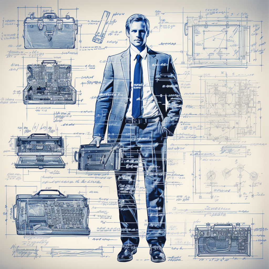 Detailed blueprint of a 1980s businessman