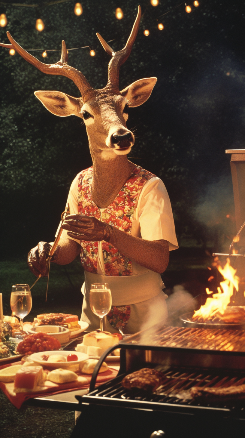 Anthropomorphic deer enjoying BBQ feast