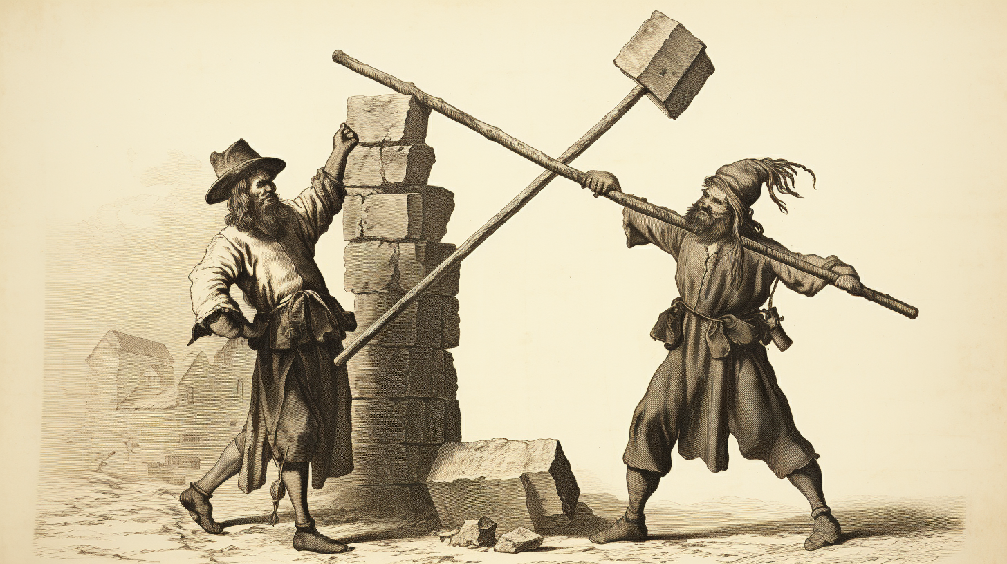 Two men pushing stone with pilgrim hats