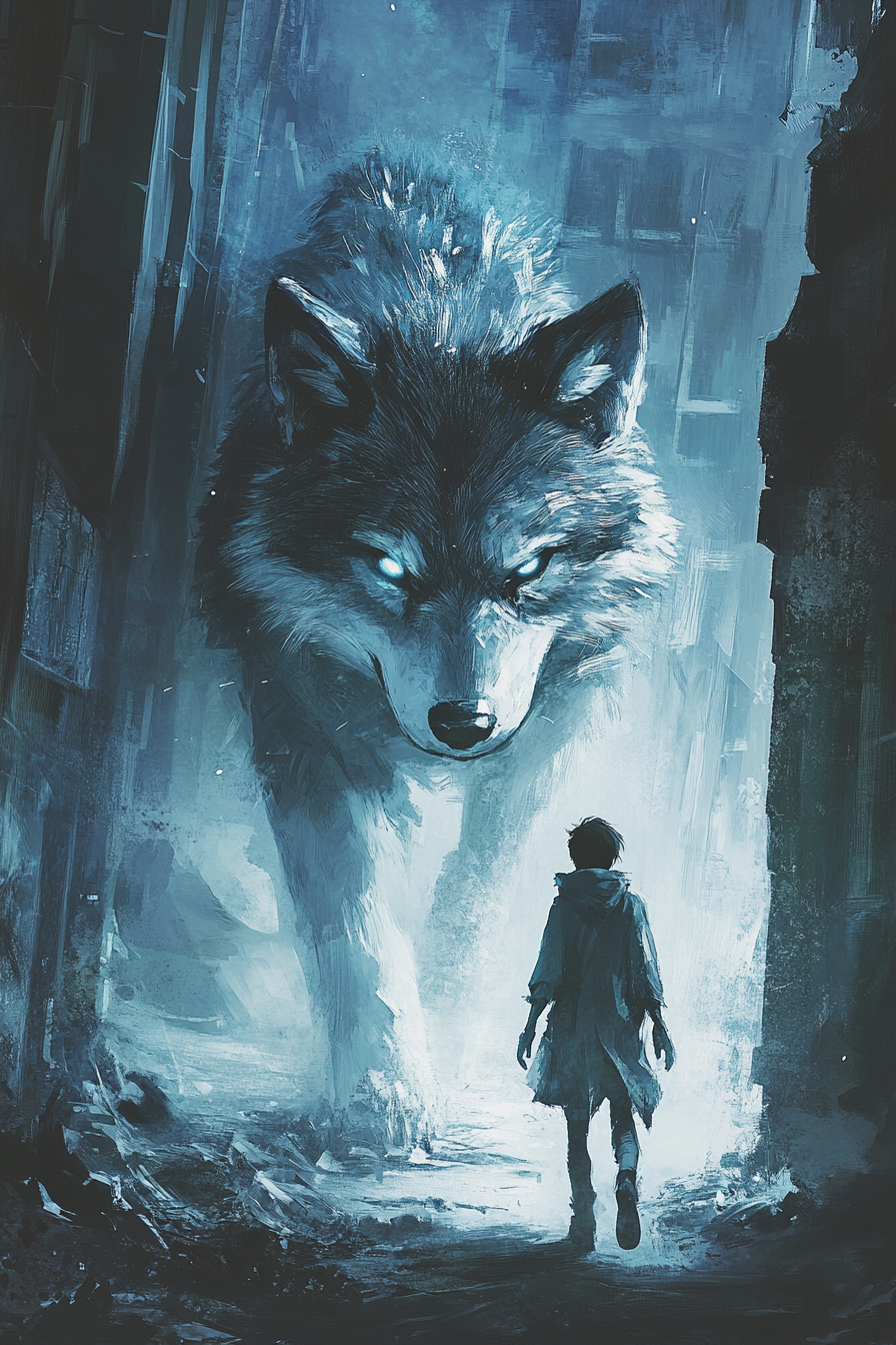 20-year-old man with dark hair, grey eyes, and giant wolf pet, in post-apocalyptic world.