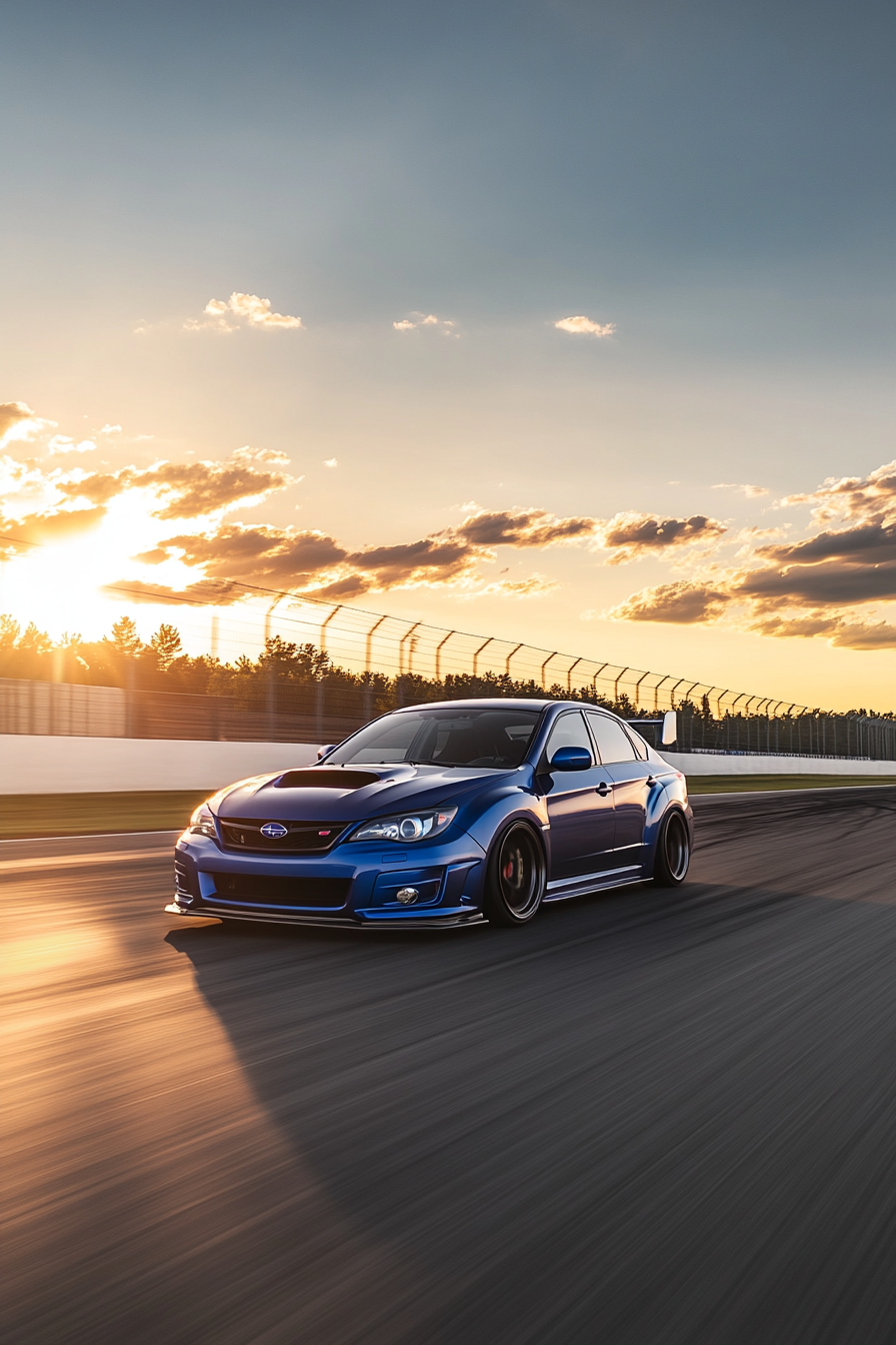 2012 Subaru Impreza Hatchback racing at sunset on track.