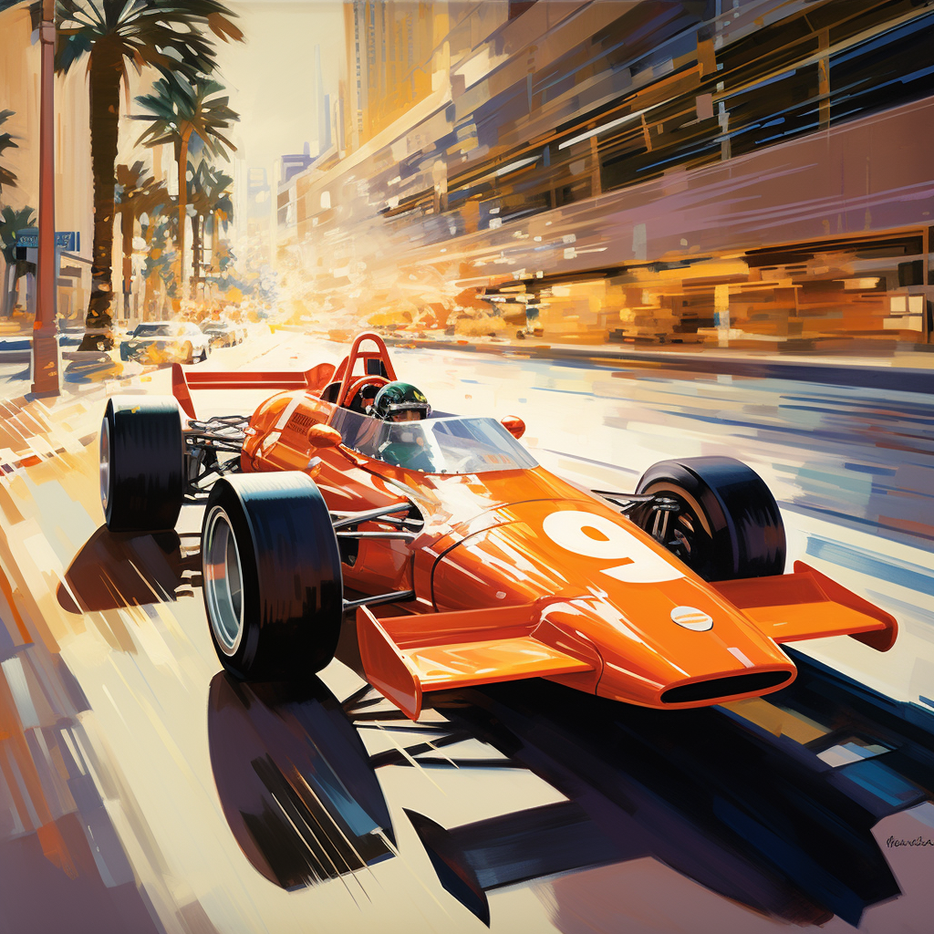 Hyperrealistic painting of a 2023 F1 car in Las Vegas