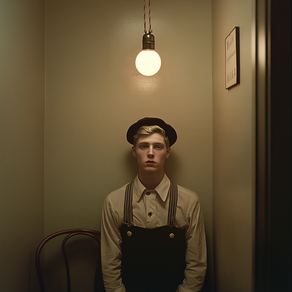 25-year-old man in diner uniform with fool's hat