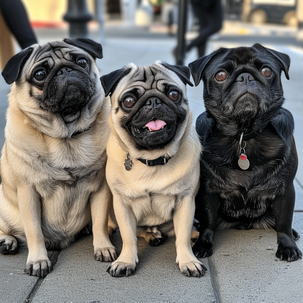 3 pugs sitting on sidewalk