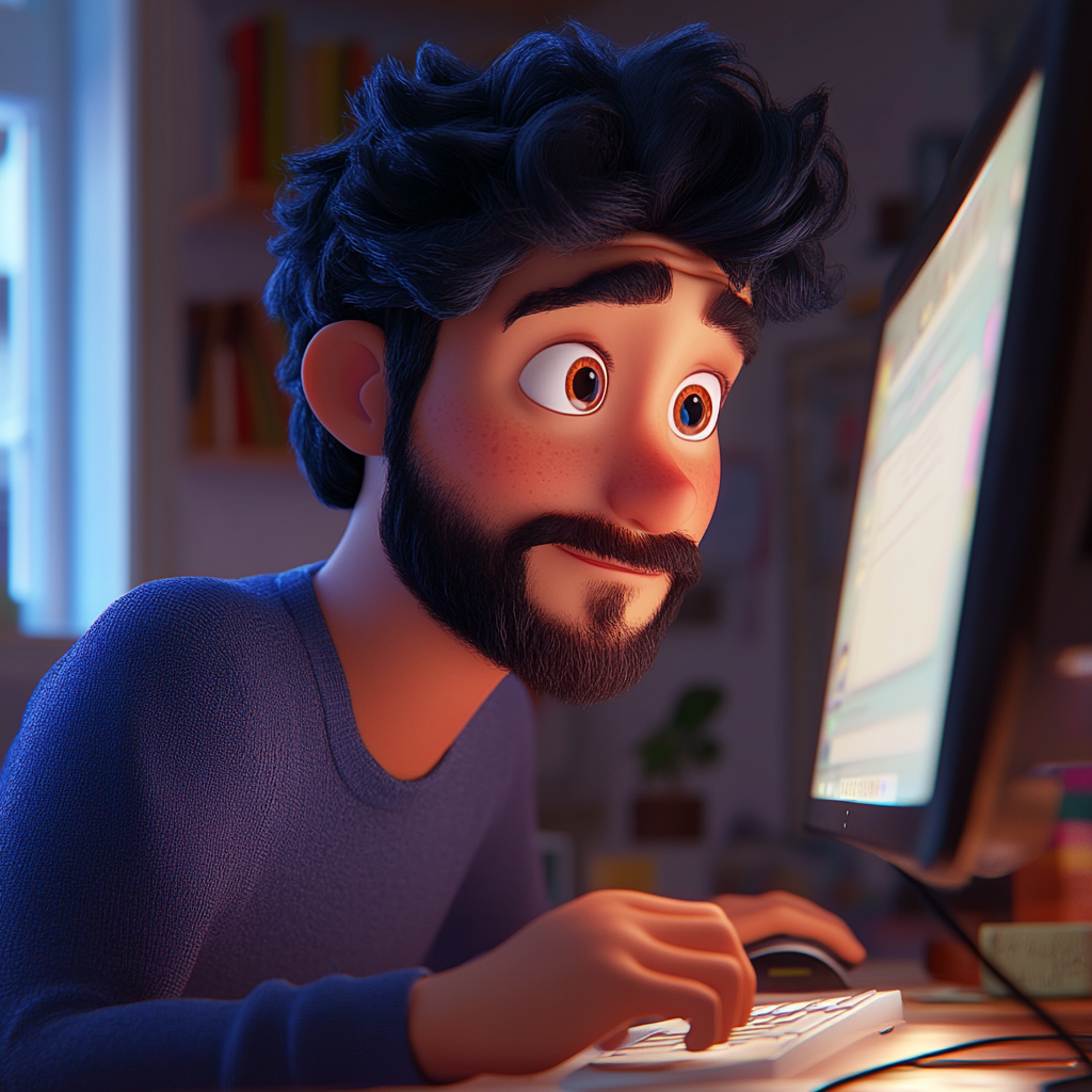 3D Pixar theme of happy Hispanic man working on computer.