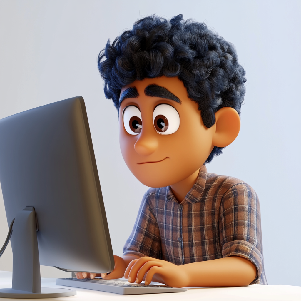 3D Pixar-themed art, Hispanic man working on computer.