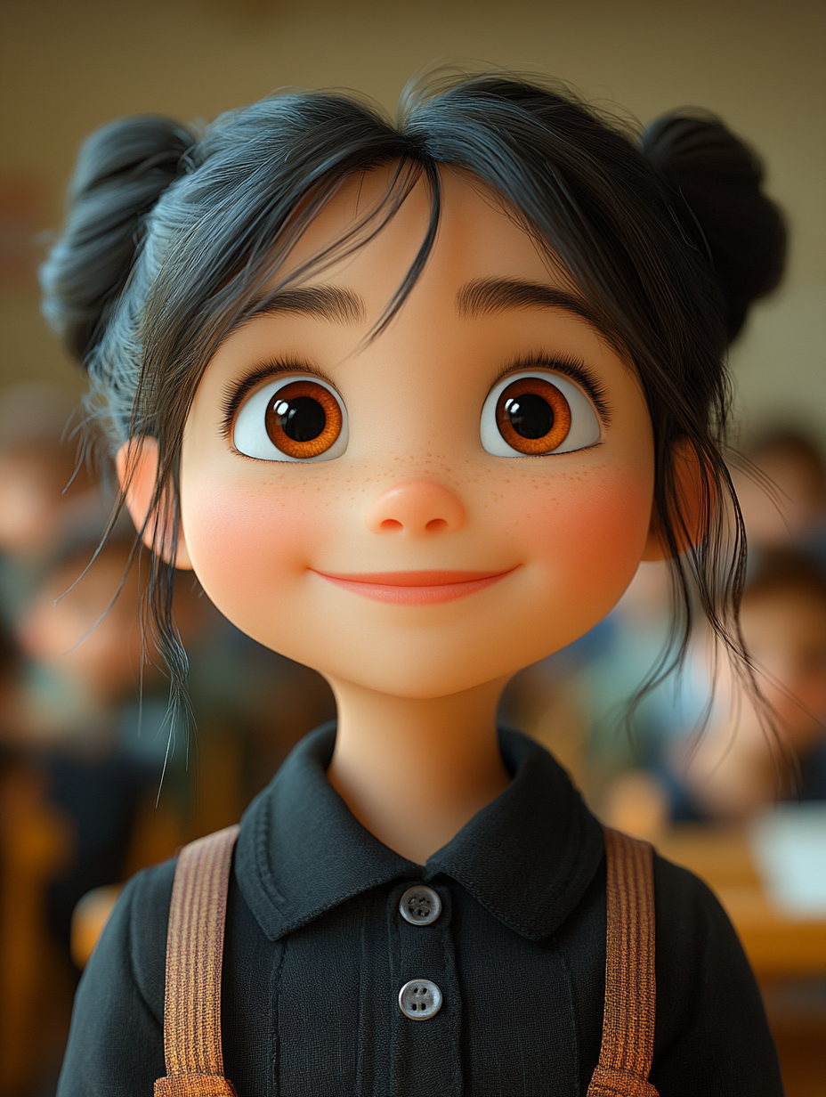 3D girl in black dress, smiling in classroom portrait.