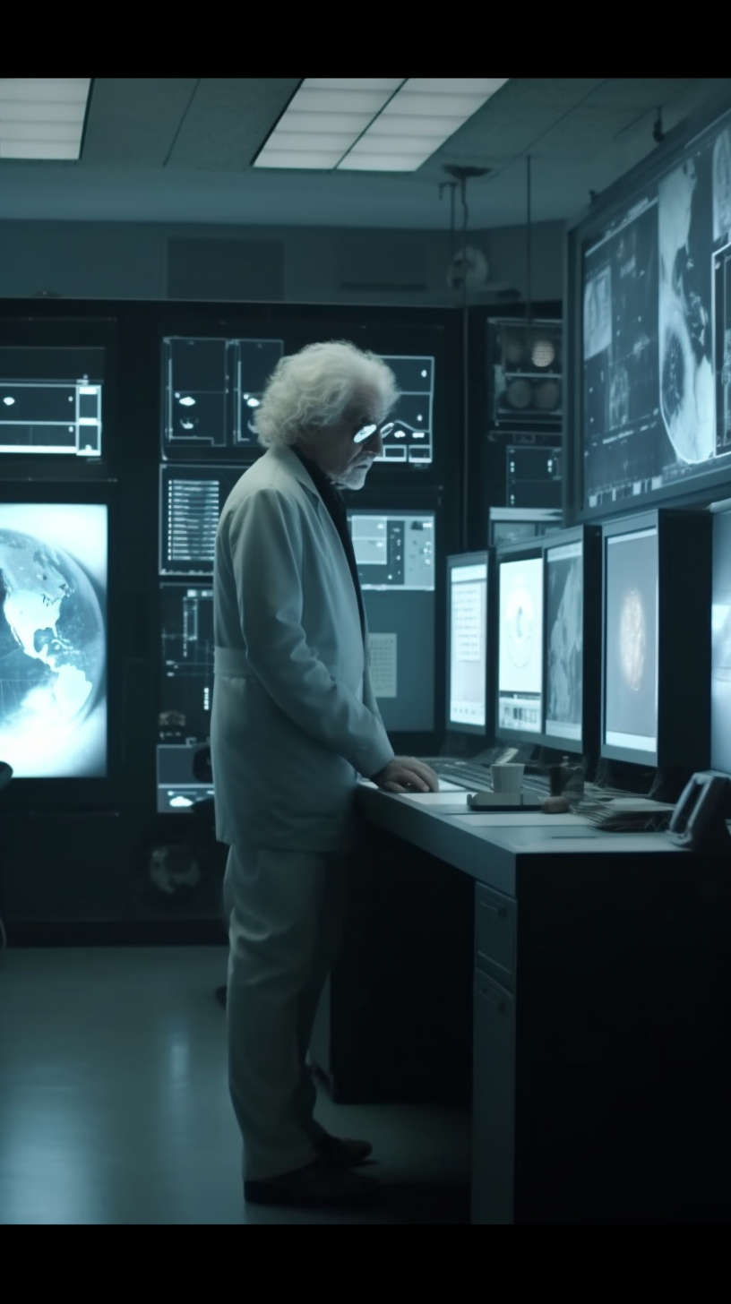 Einstein contemplating video buffering in digital analysis chamber