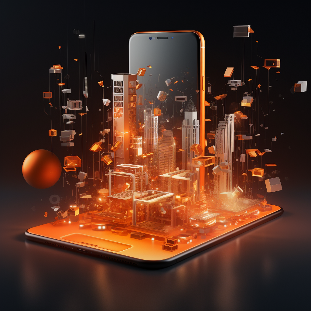 3D Smartphone Perspective with Orange Lights and Shapes