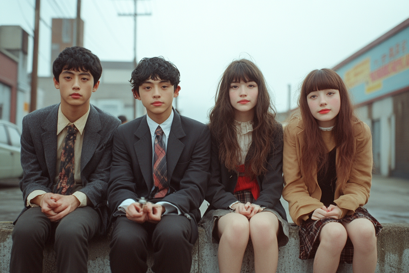 4 nerdy teenagers sit on concrete wall in industrial space.