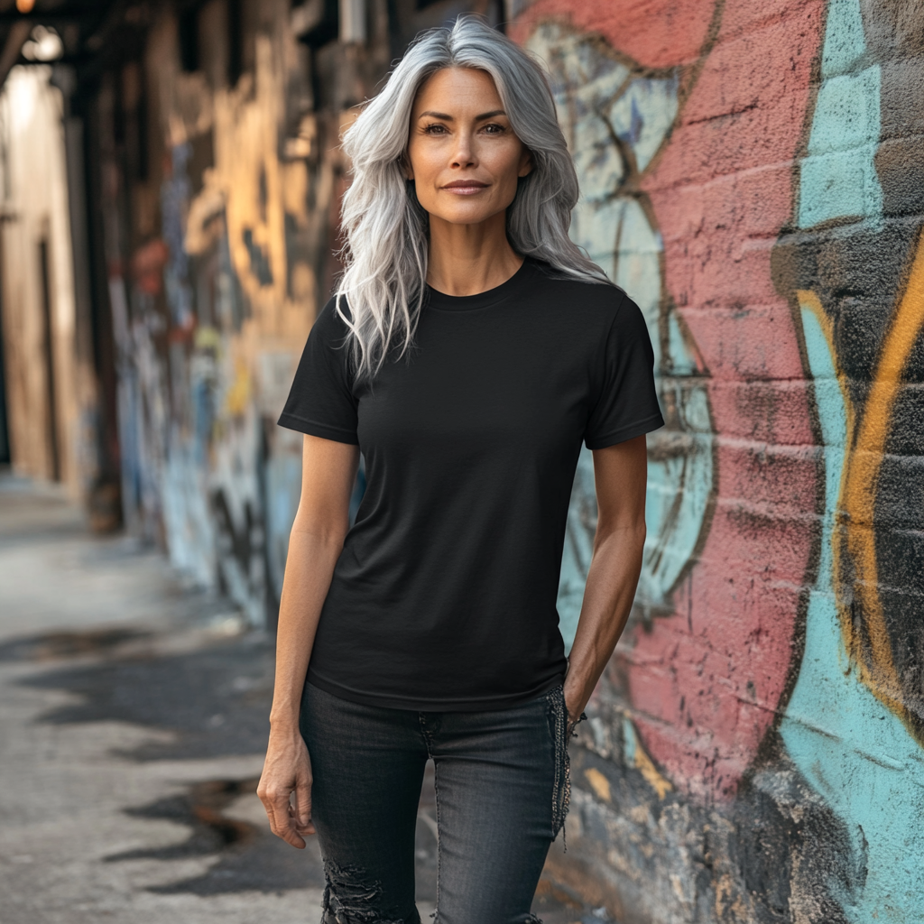 40-something woman wears full black blank t-shirt mockup