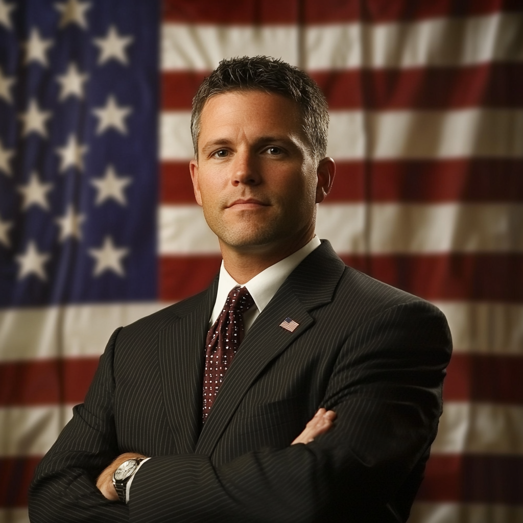 42-year-old American male Mayor with flag background, 2006 photo.