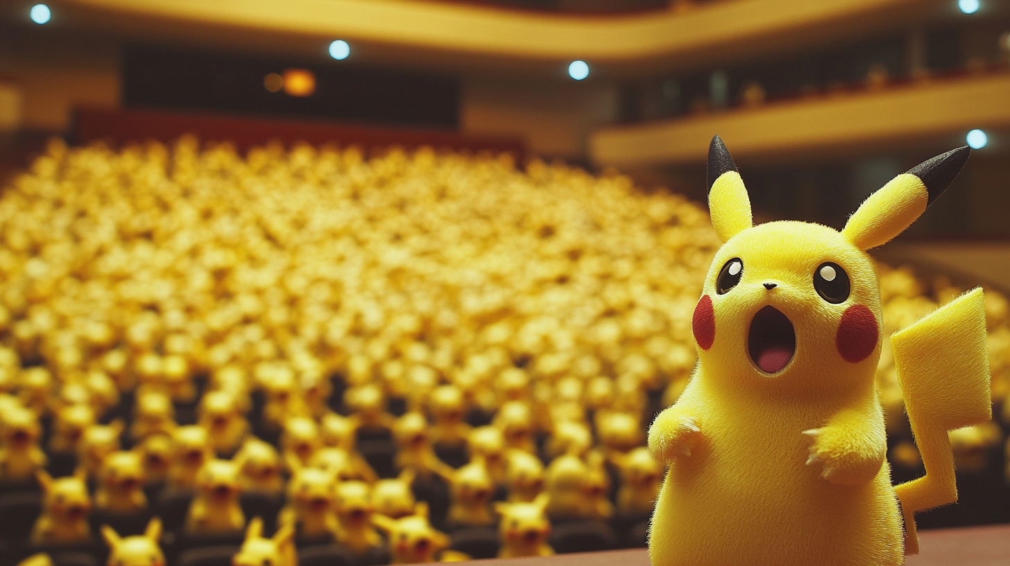 A Pikachu giving speech in front of audience.