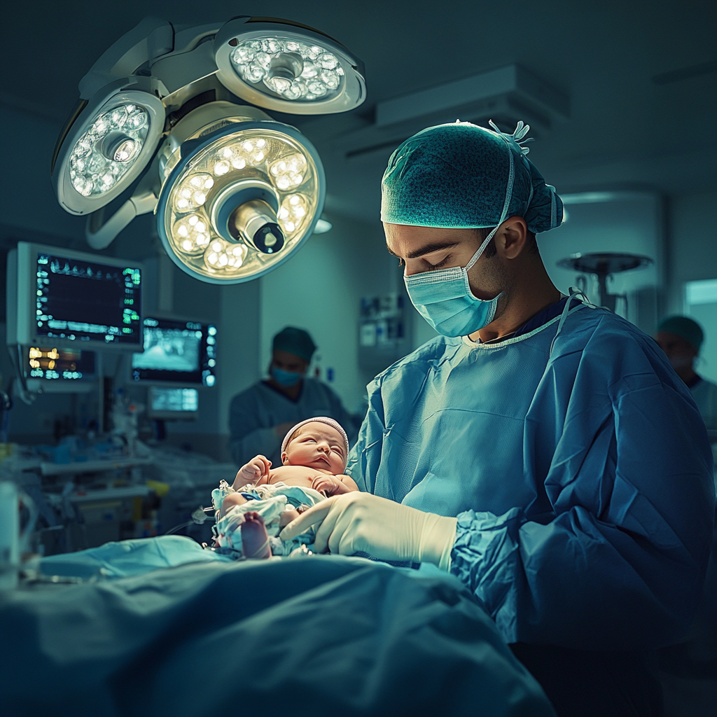 A baby sees doctor in modern operating room.