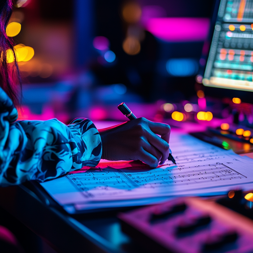 A black woman writing music at a producer's desk.