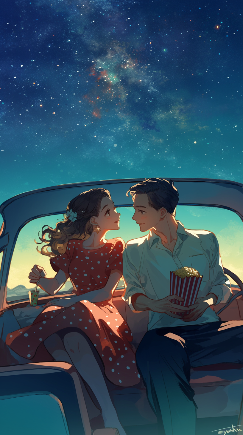 A couple at drive-in theater, sharing popcorn.