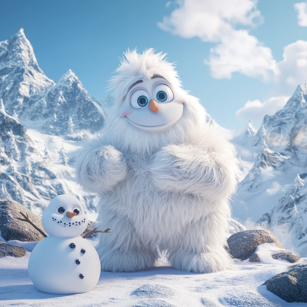 A cute yeti making a snowman in Himalayas.