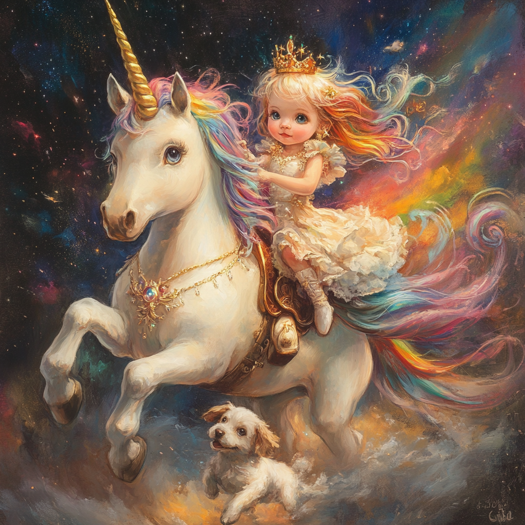 A girl, unicorn with rainbow hair, crown, dress, puppy