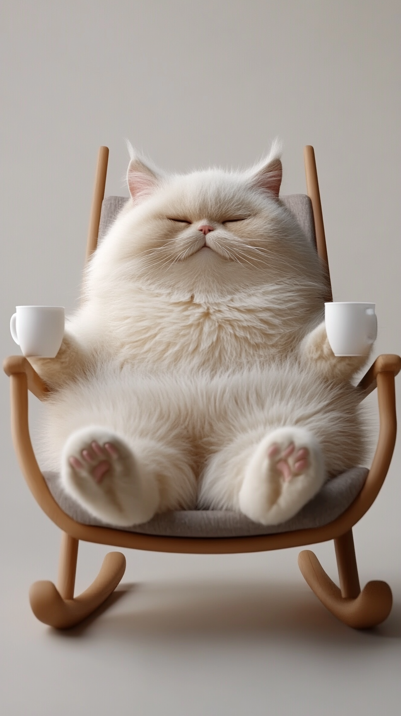 A happy cat enjoying tea in a cozy chair.