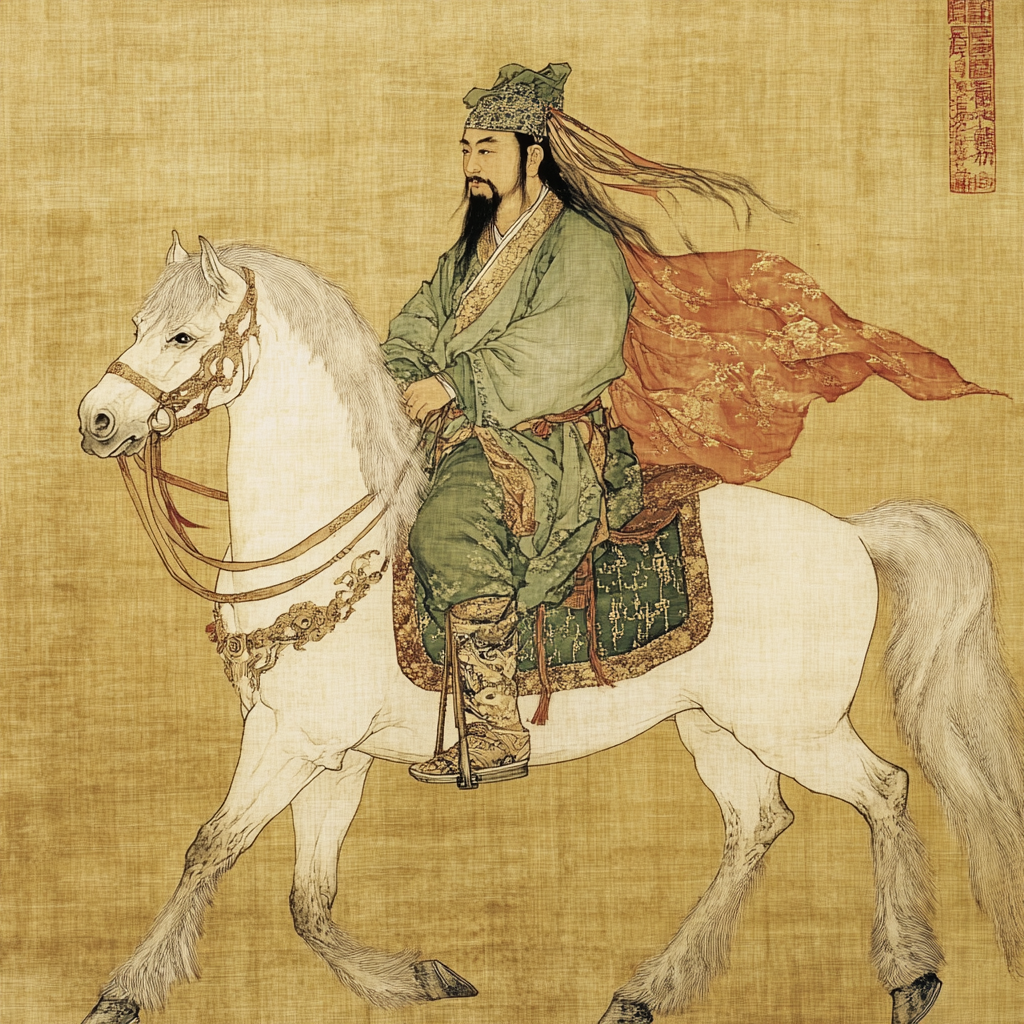 A man in traditional Chinese clothing on a horse.