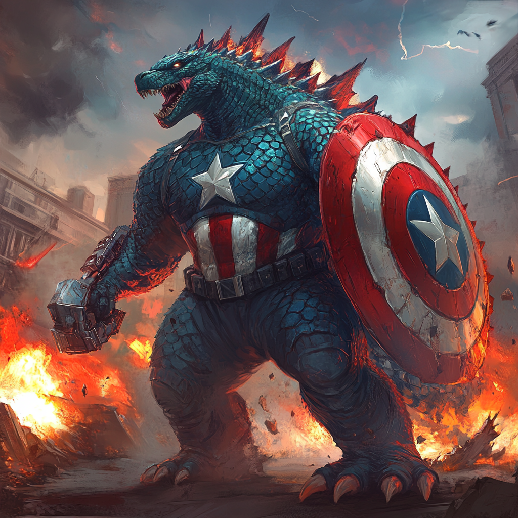 A monstrous mix of Captain America and Godzilla roars.