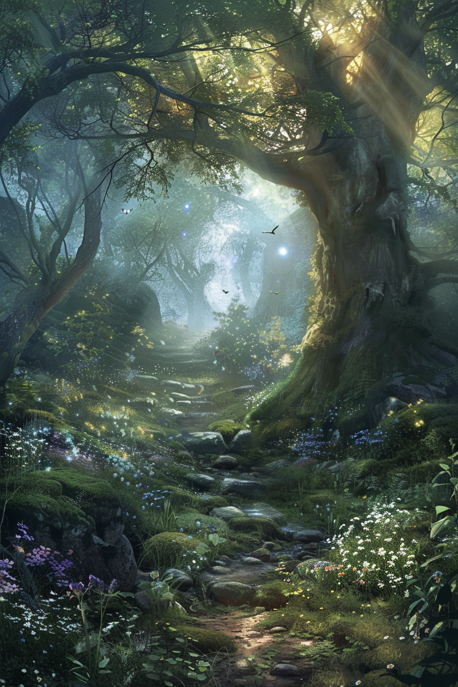 A mystical forest with ancient trees, fairies, and orbs.