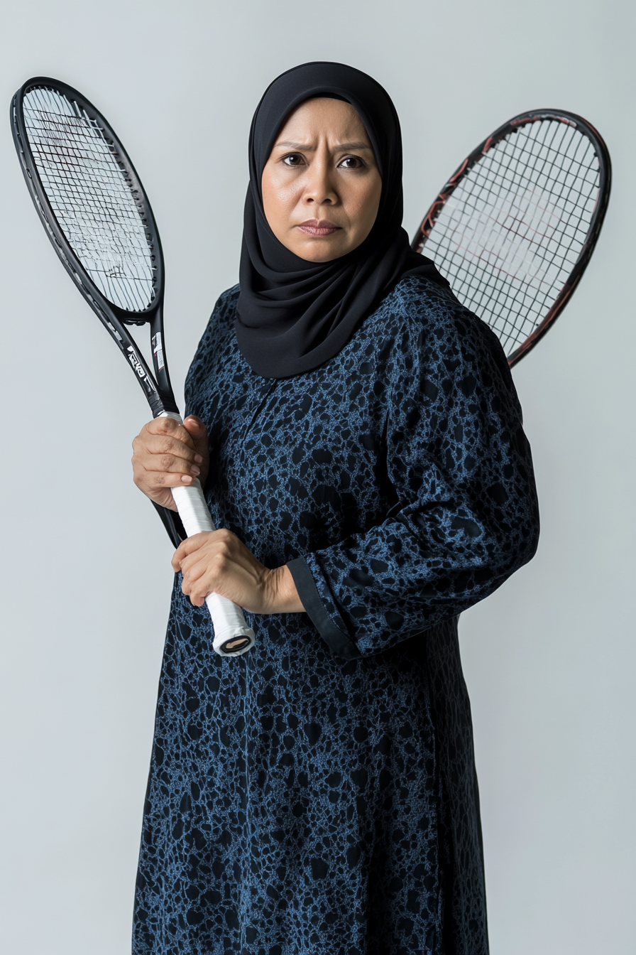 A serious woman holding a table tennis racket confidently.