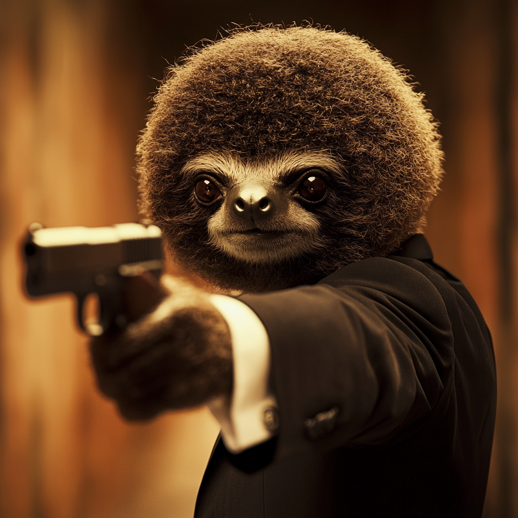 A sloth dressed as Jules from Pulp Fiction.