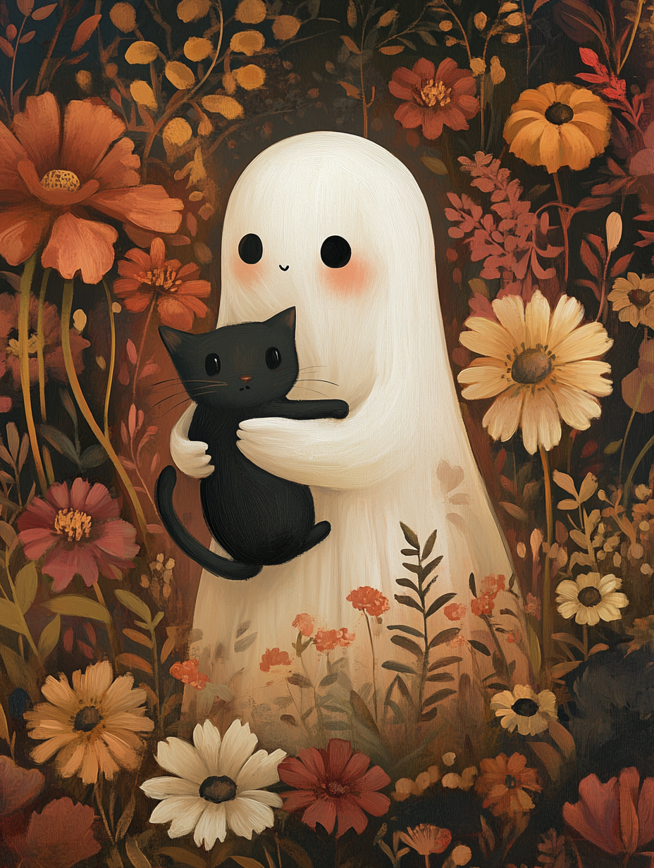 A spooky ghost with cat among autumn flowers. Vintage style.