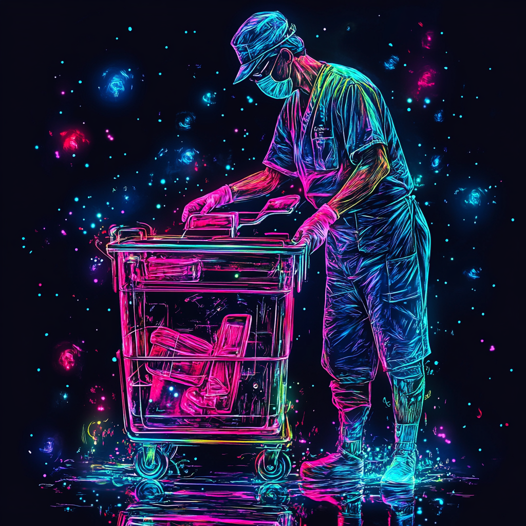 A sterile processing technician washing cart in neon water.