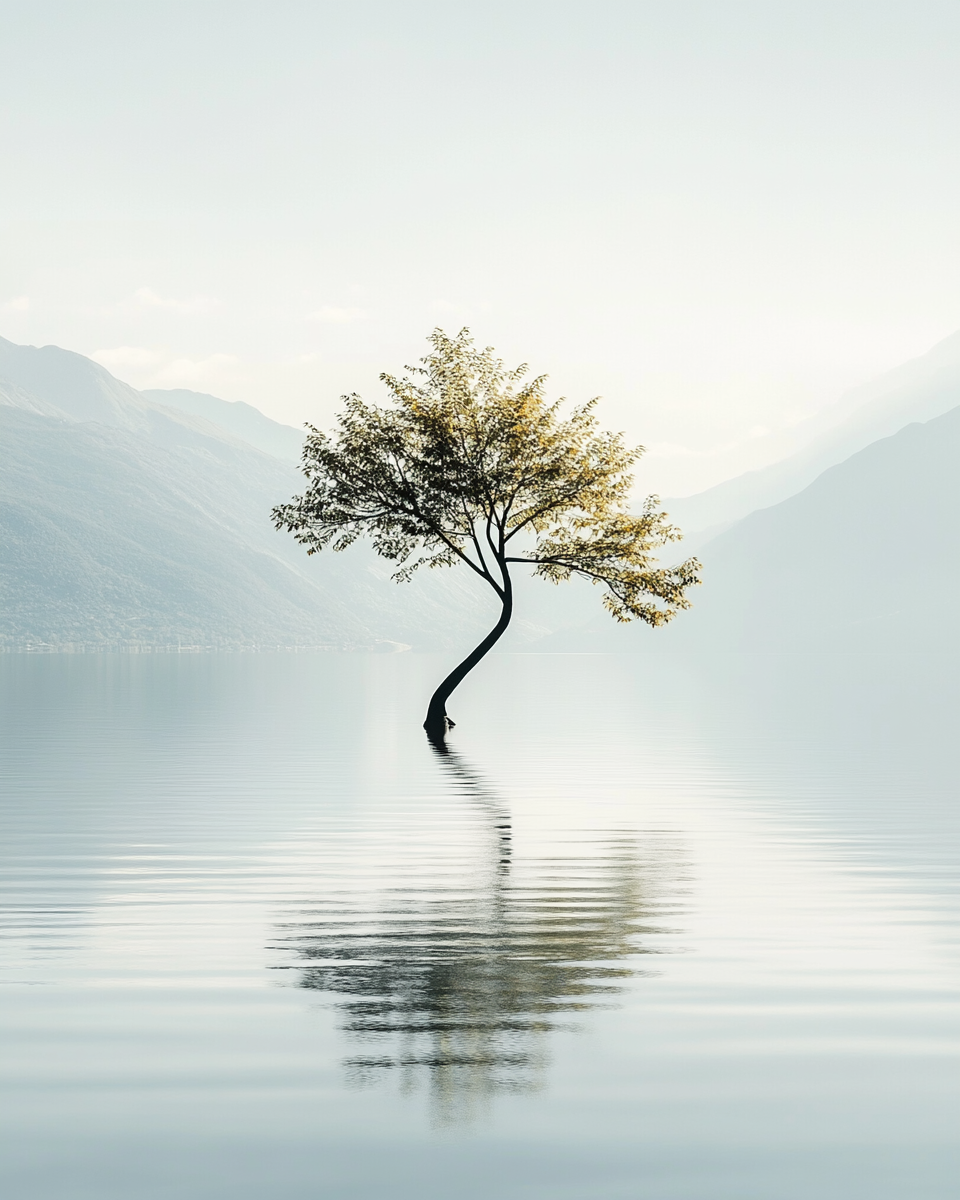 A surreal tree in the middle of a lake