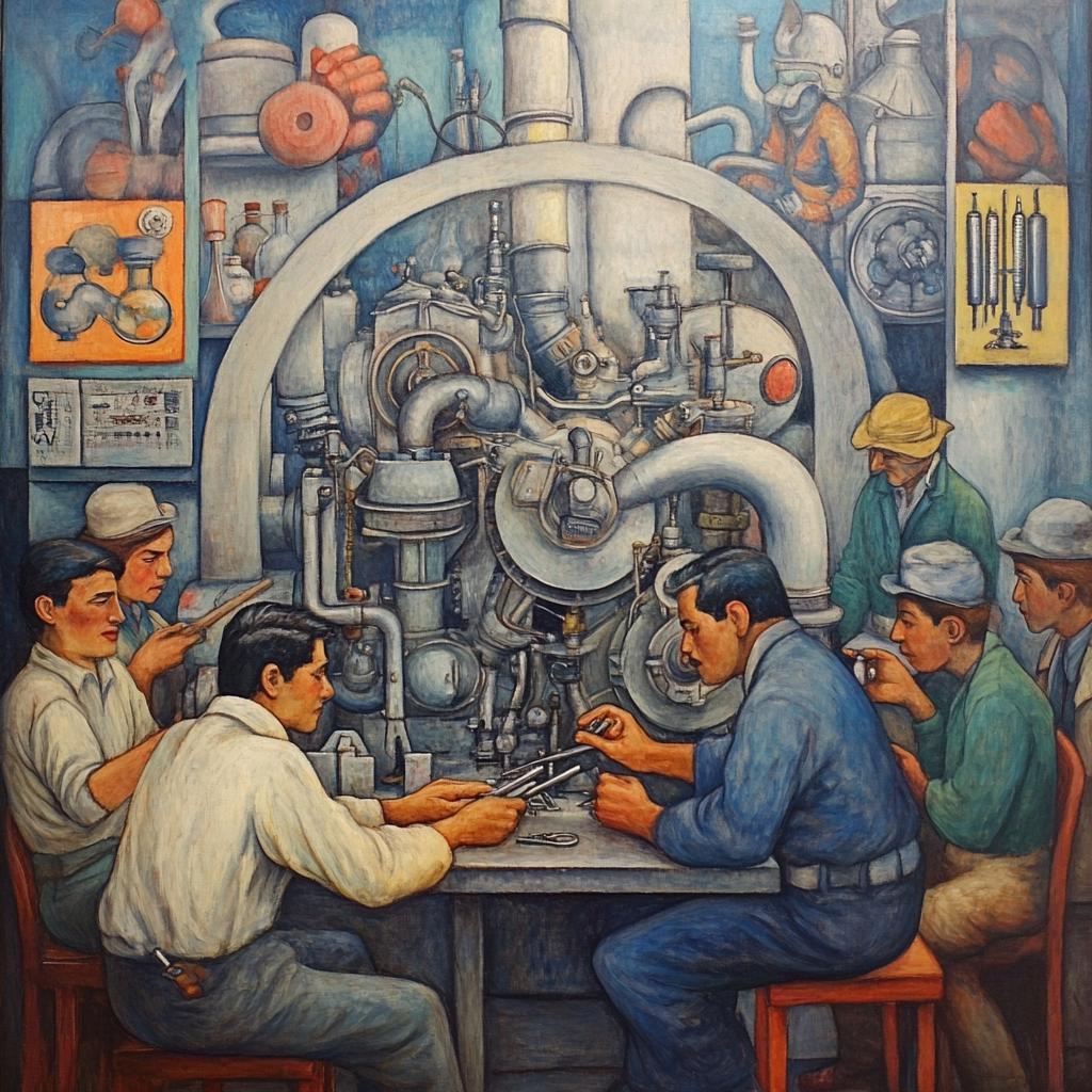 A themed painting by Diego Rivera featuring engineers at work.