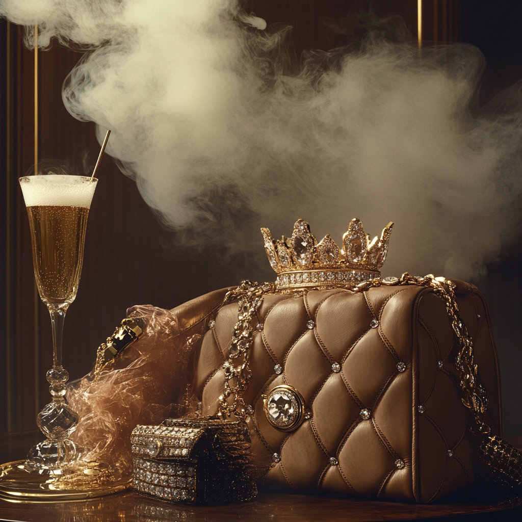 A vintage image of diamonds, gold crown, handbag, champagne.