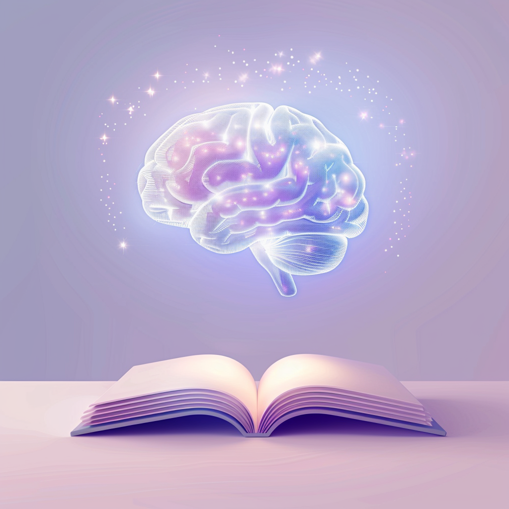 AI Brain Icon floating above open book or tablet.