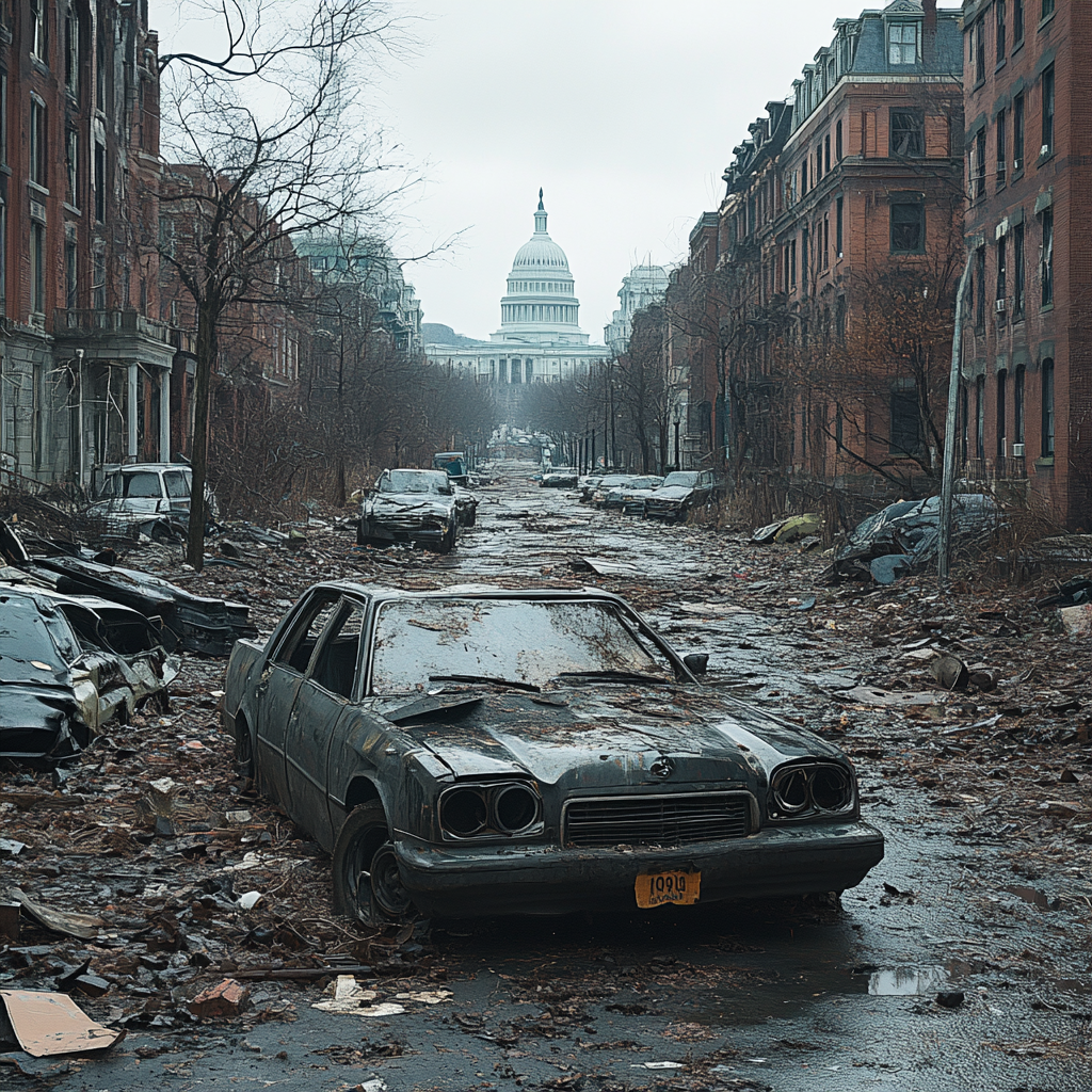 Abandoned D.C. streets in economic collapse, photorealistic Cinematic photography.