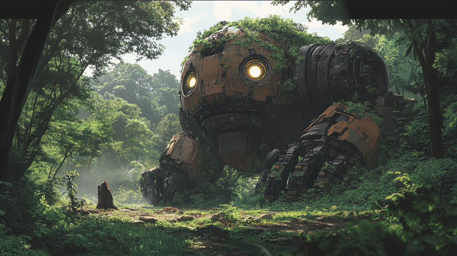 Abandoned giant robot in forest with glowing eyes.