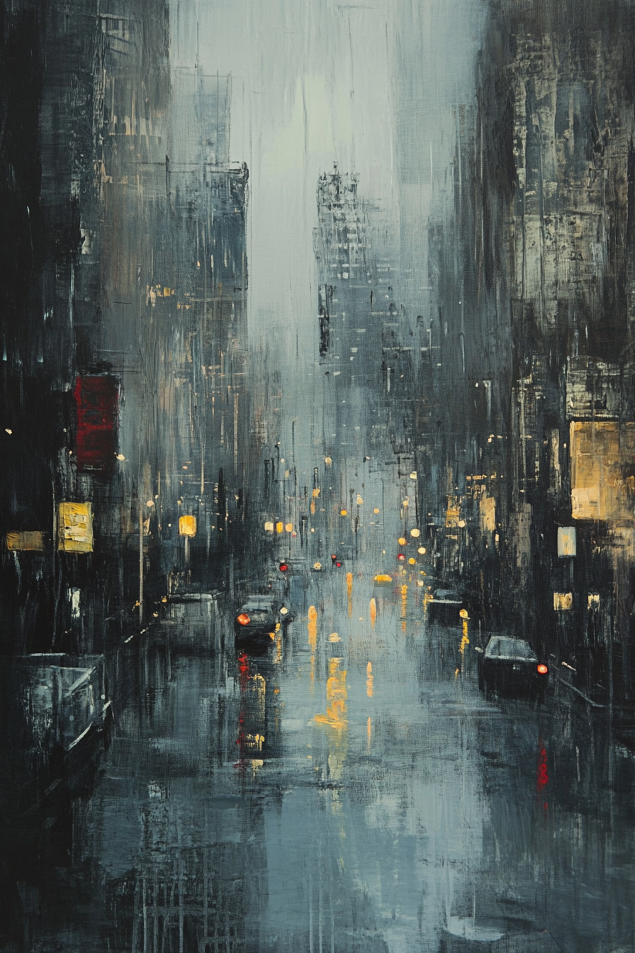 Abstract art of city rainstorm, muted colors, calming mood.