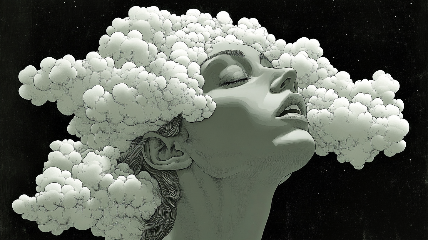 Abstract metaphor: white clouds cover woman's head.