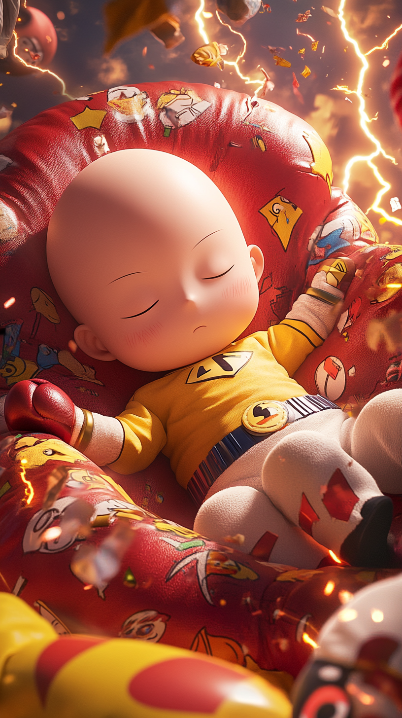 Adorable baby Saitama in superhero cradle with Genos plush.