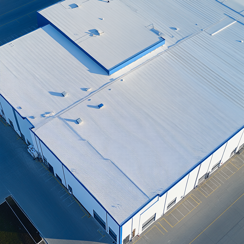 Aerial view of white and blue warehouse roof.