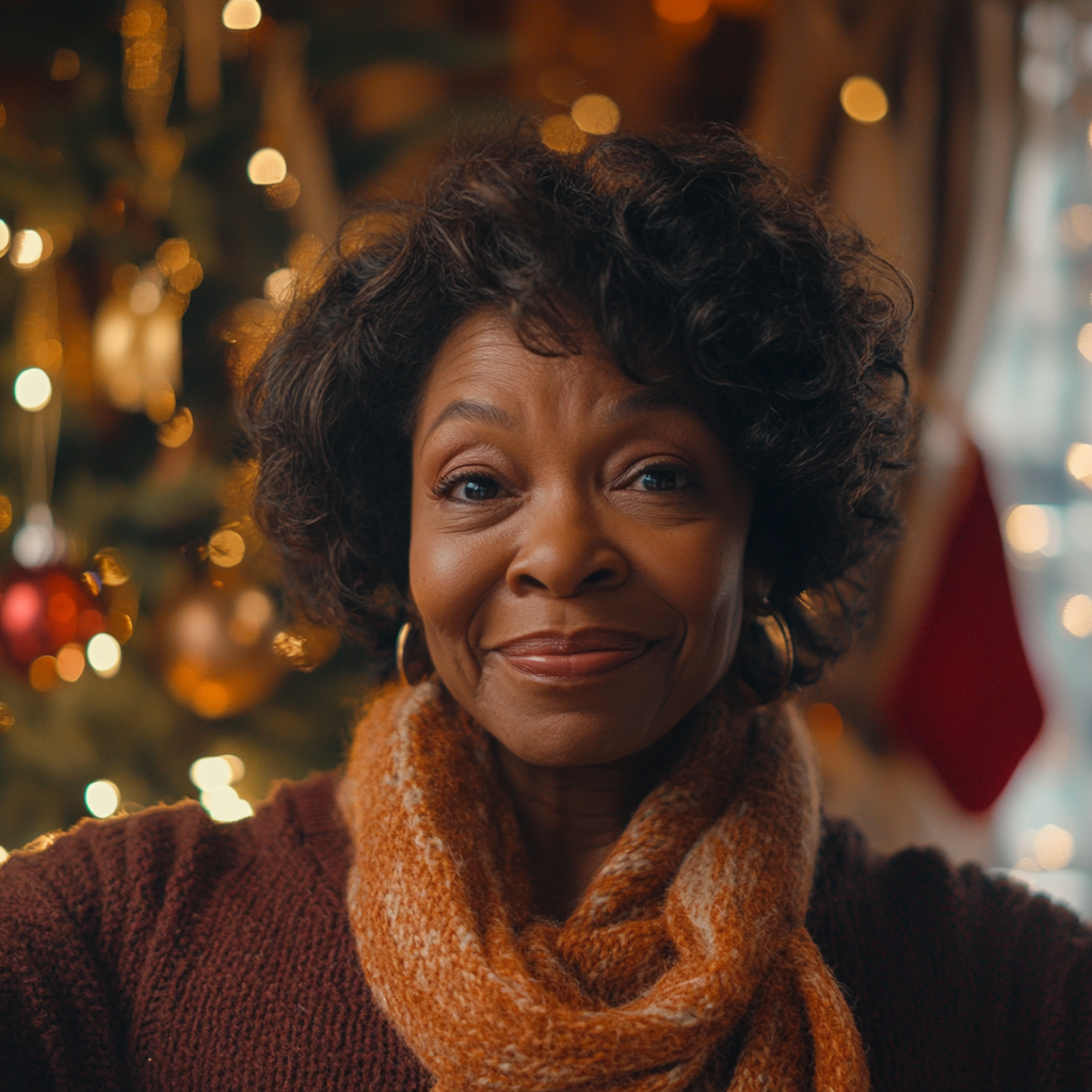 African American aunt hugs, Christmas decorations in background.