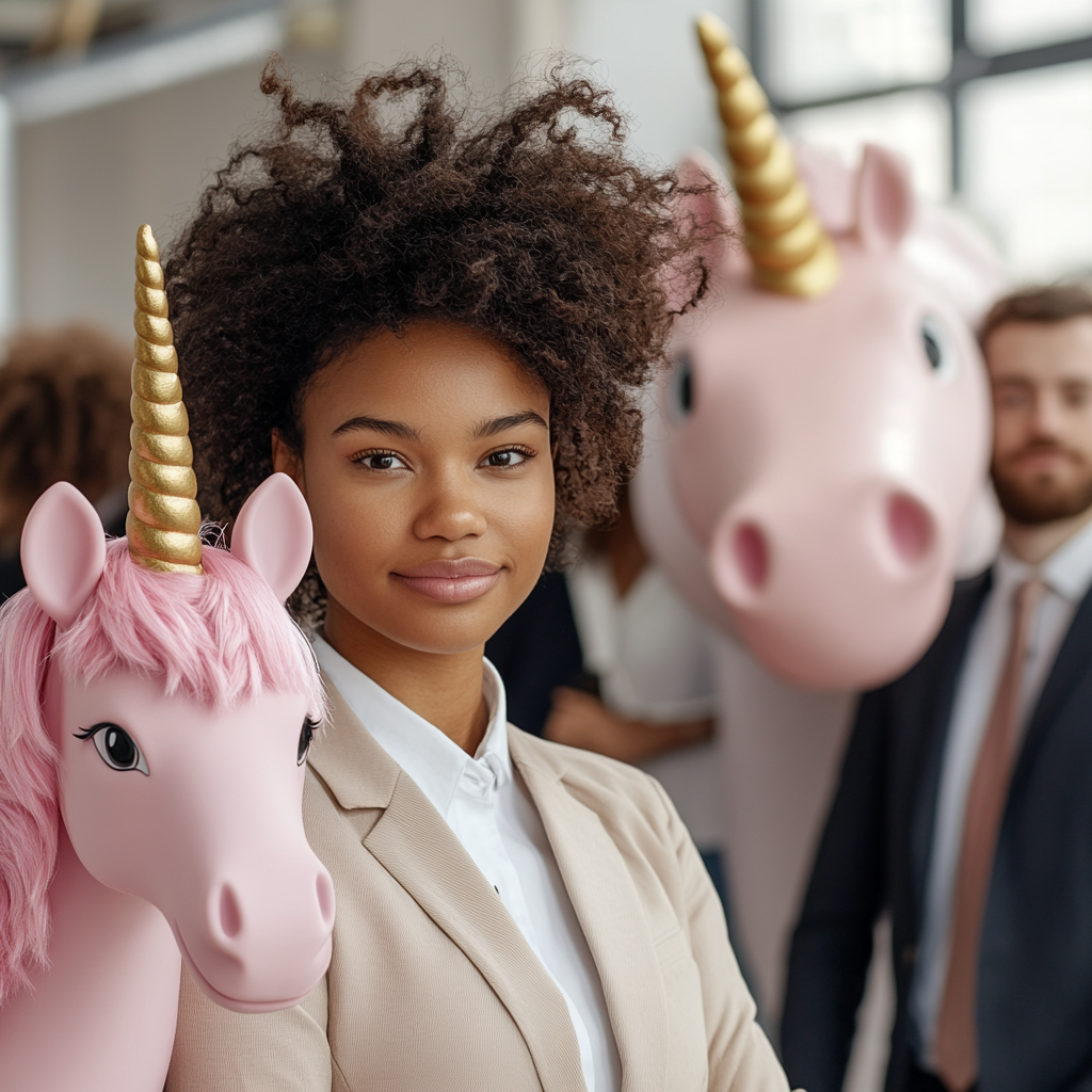 African American woman in business attire with unicorn and colleagues.