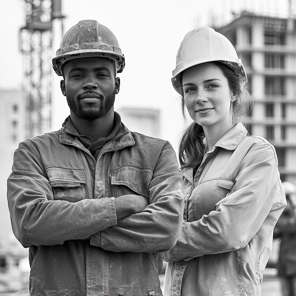 African man, European woman, construction workers in photo.