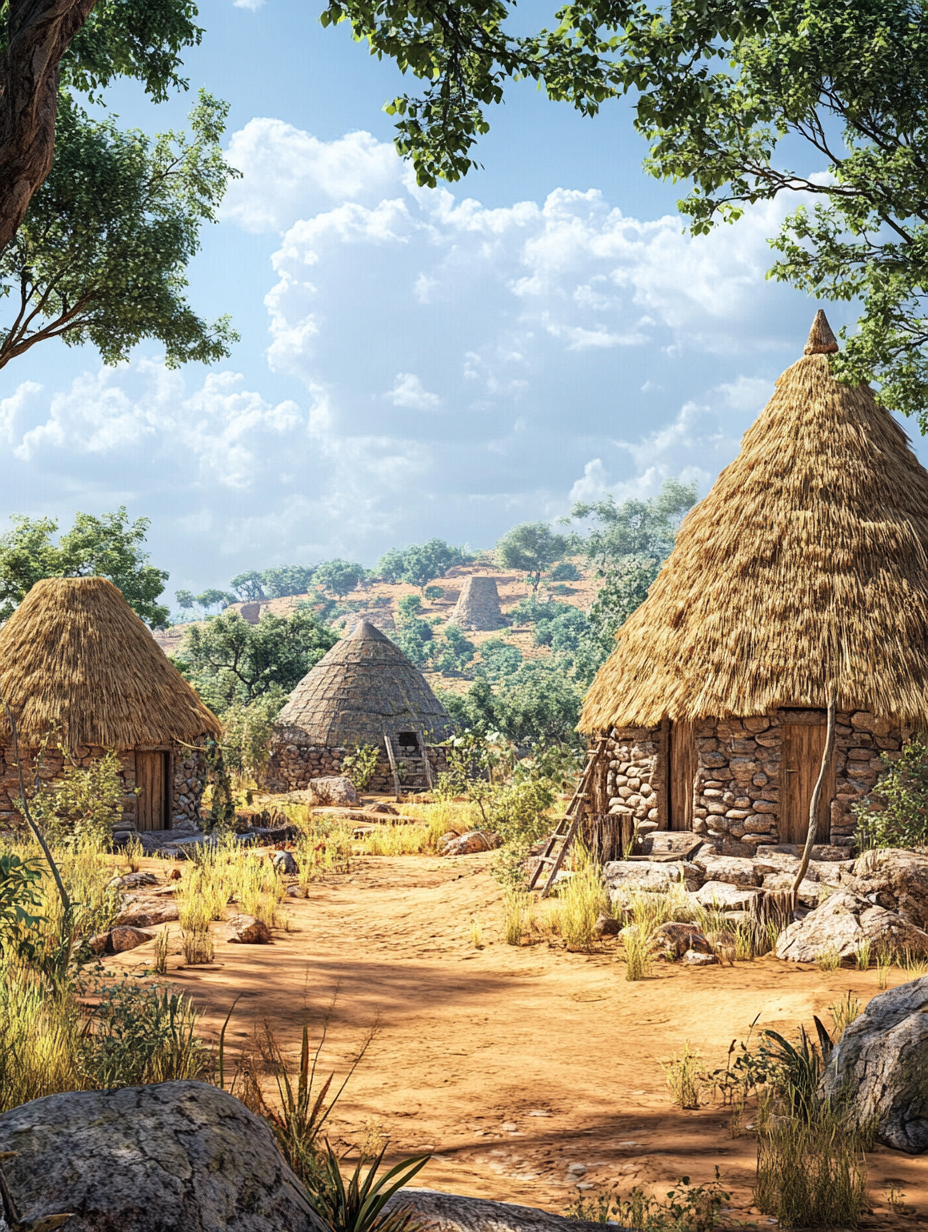 African village with stunning landscape, seen from ground level.