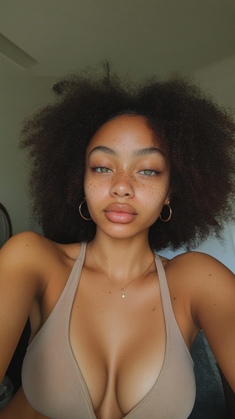 Afro beauty with warm skin and hazel eyes.