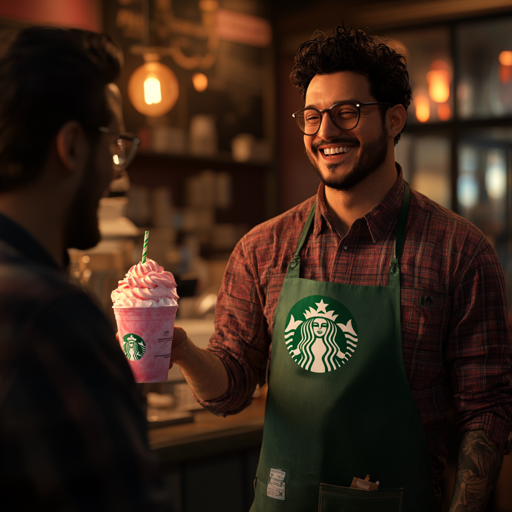 Alien barista in Starbucks apron gives customer drink.