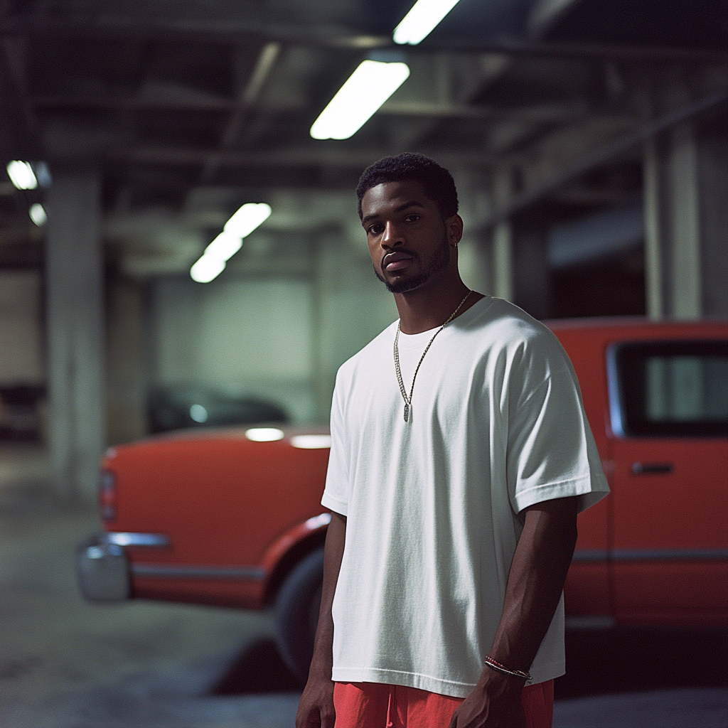 American man modeling white tshirt in car basement. Shot on Kodak Portra 400 film.