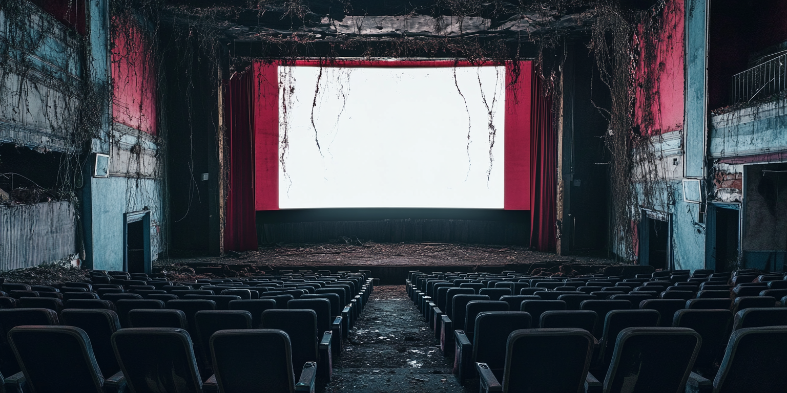 An old movie theatre screen with decaying seats.