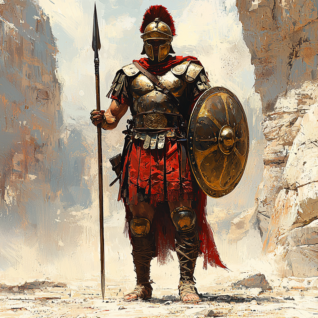 Ancient Roman soldier in red armor with spear and shield.