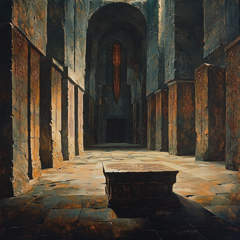 Ancient abandoned Throneroom, dark fantasy, oil painting.